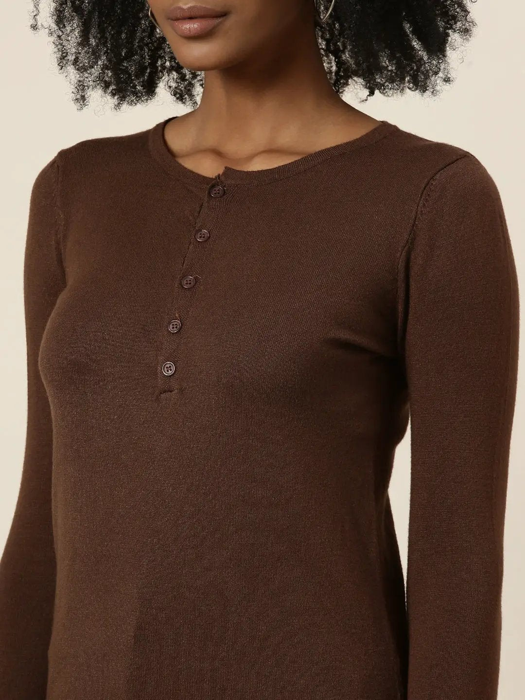 Women's Round Neck Solid Regular Coffee Brown Top