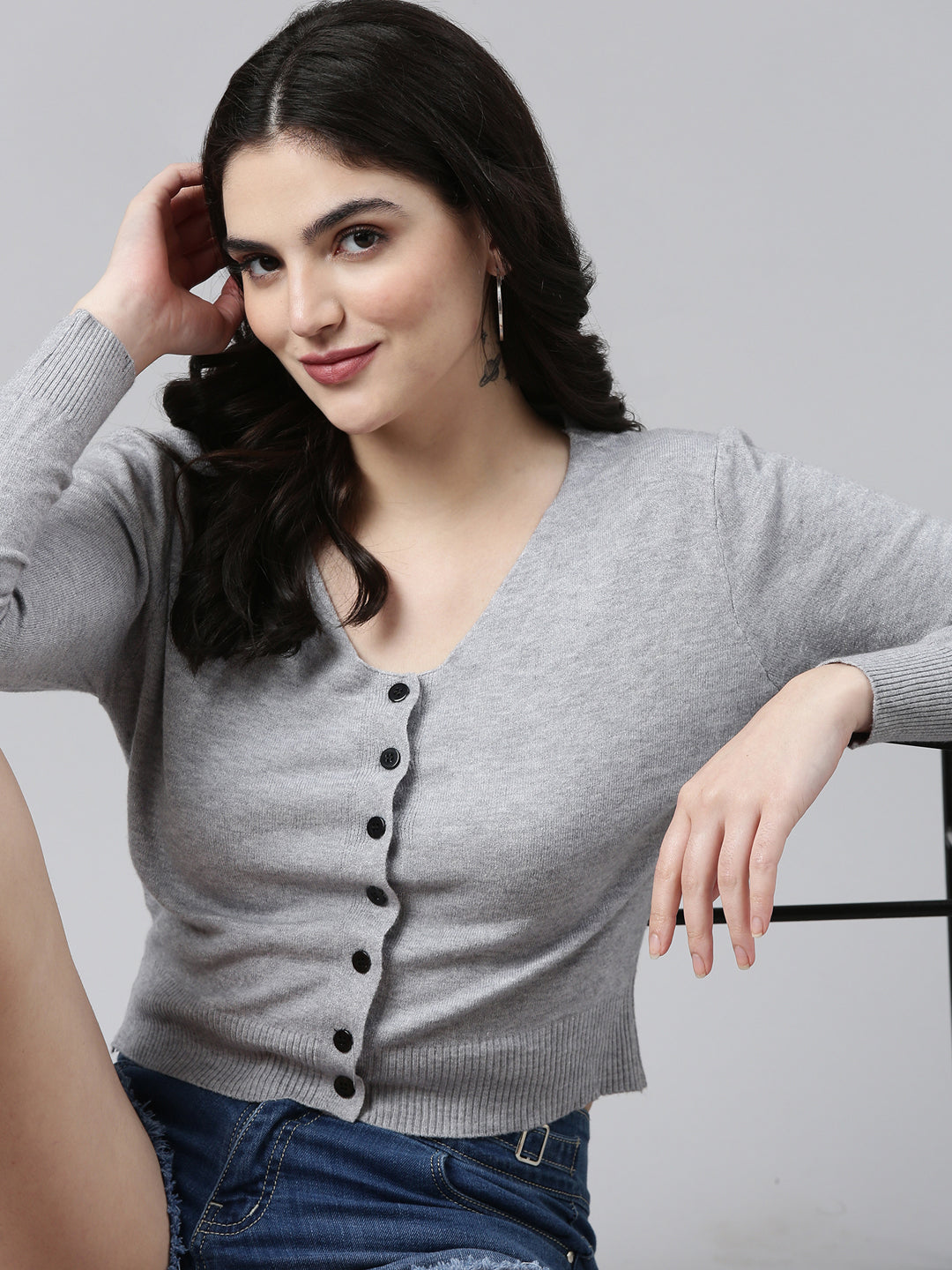 Women's Grey Solid Front-Open Crop Sweater