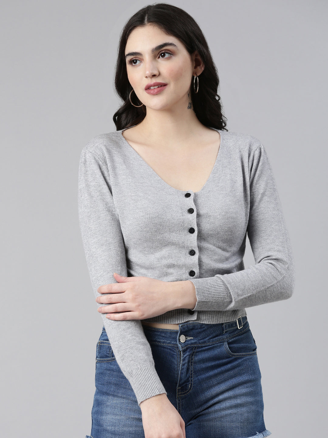Women's Grey Solid Front-Open Crop Sweater
