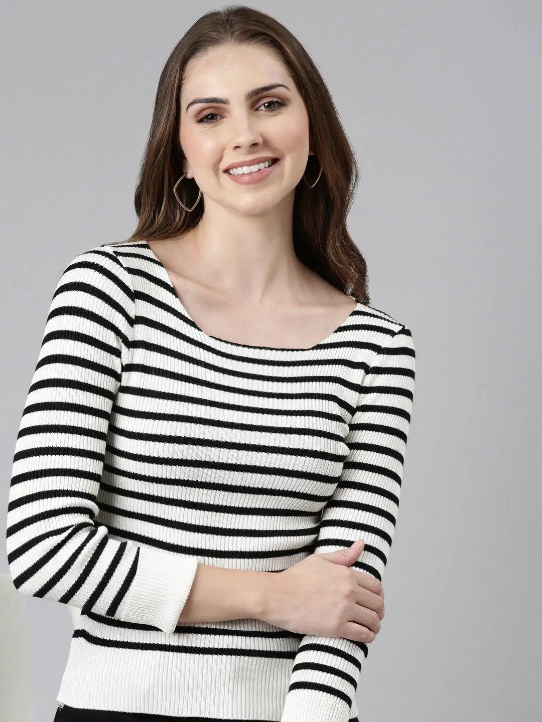 Women's Square Neck Striped Regular Sleeves Fitted White Top