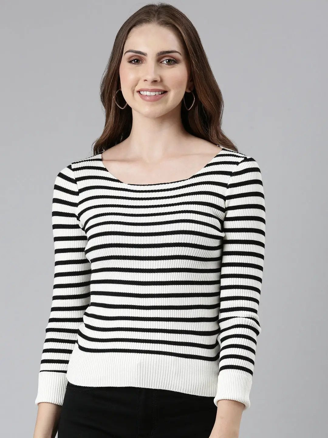 Women's Square Neck Striped Regular Sleeves Fitted White Top