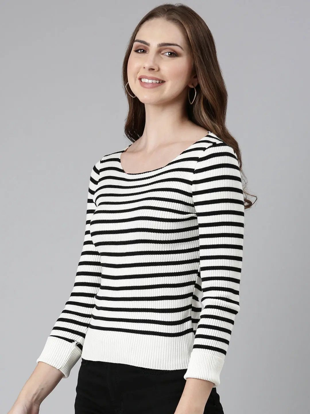 Women's Square Neck Striped Regular Sleeves Fitted White Top