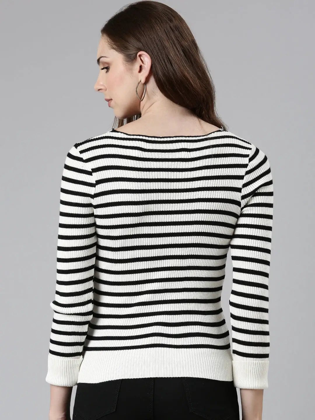 Women's Square Neck Striped Regular Sleeves Fitted White Top