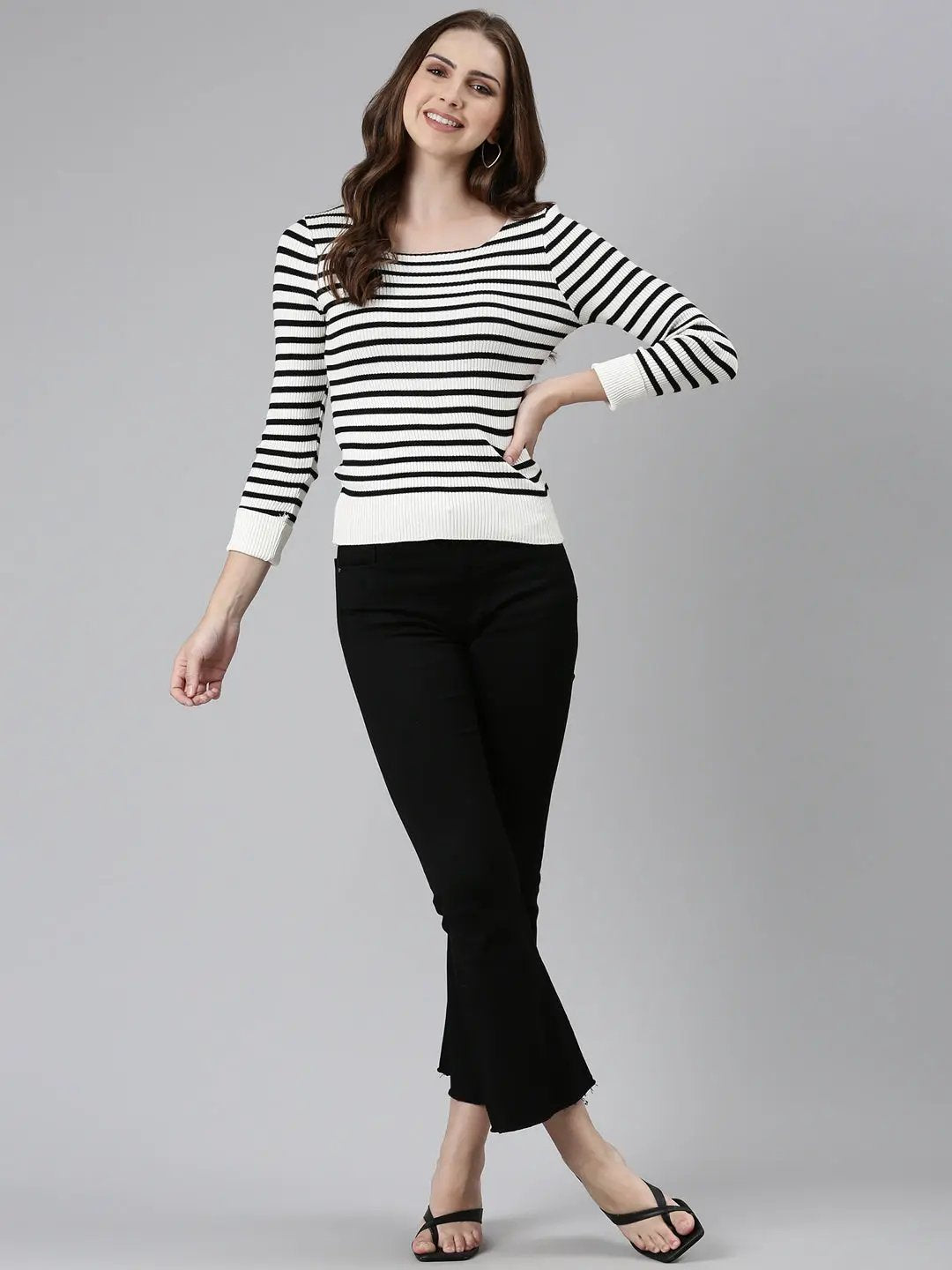 Women's Square Neck Striped Regular Sleeves Fitted White Top