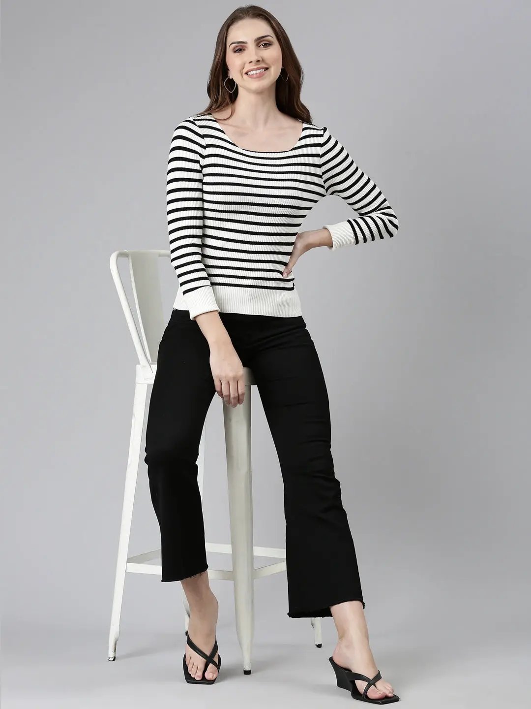 Women's Square Neck Striped Regular Sleeves Fitted White Top