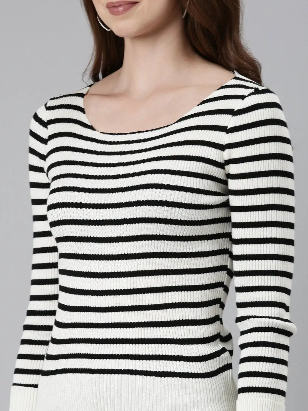 Women's Square Neck Striped Regular Sleeves Fitted White Top