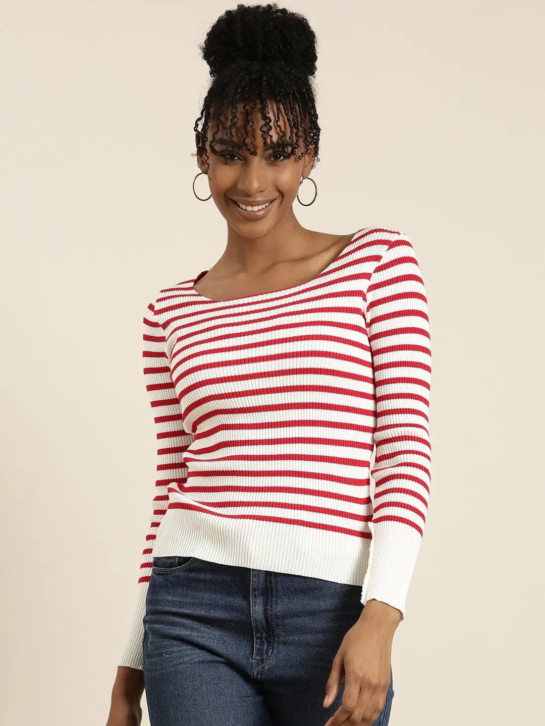 Women's Scoop Neck Striped Regular Sleeves Fitted White Top