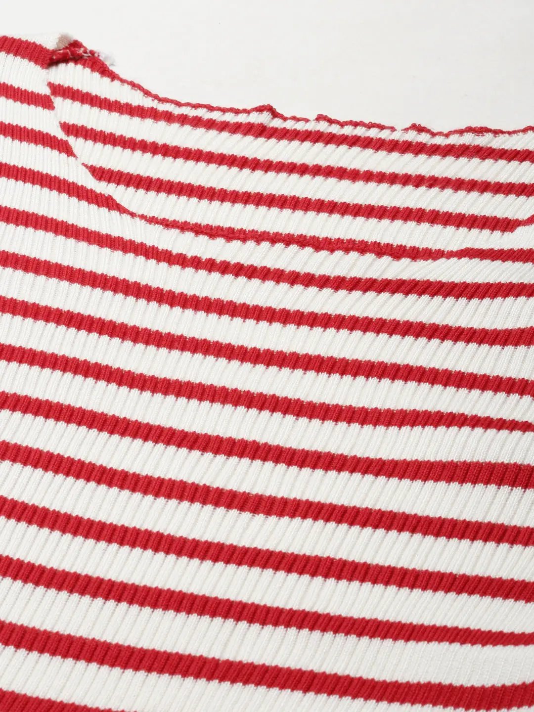 Women's Scoop Neck Striped Regular Sleeves Fitted White Top