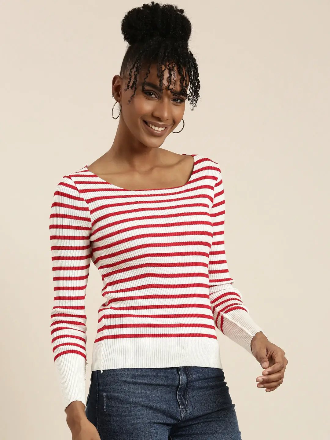Women's Scoop Neck Striped Regular Sleeves Fitted White Top