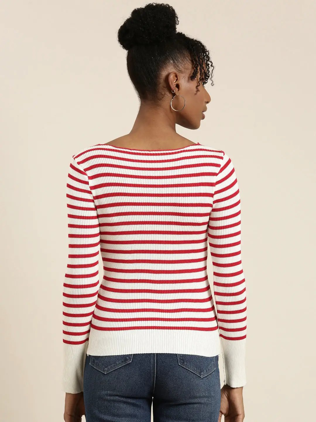 Women's Scoop Neck Striped Regular Sleeves Fitted White Top