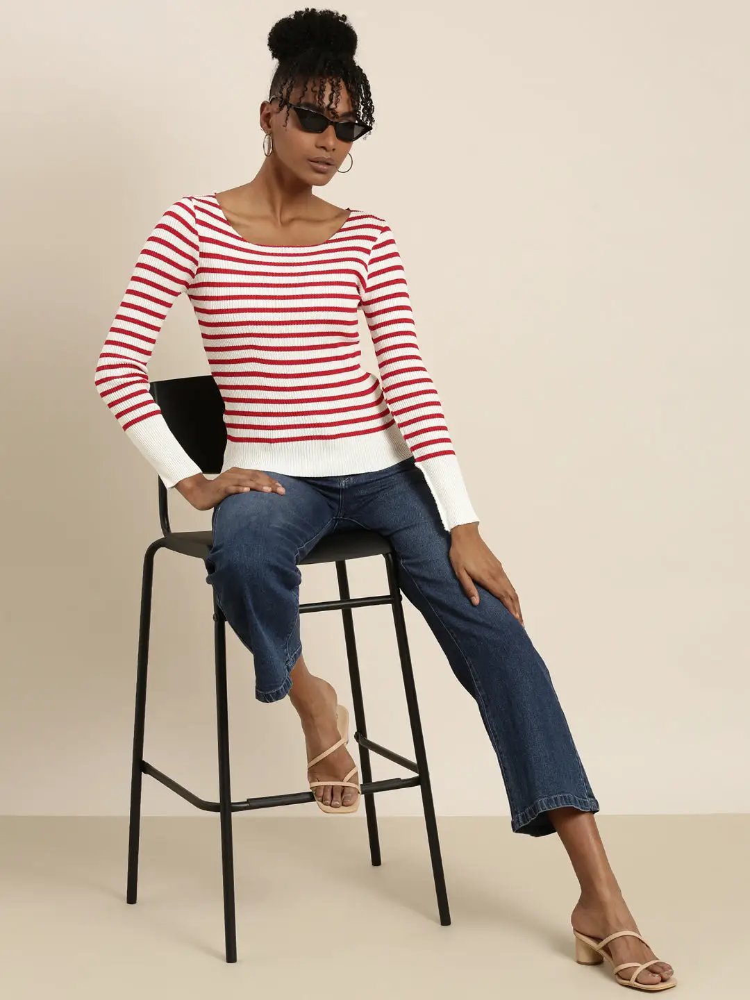 Women's Scoop Neck Striped Regular Sleeves Fitted White Top