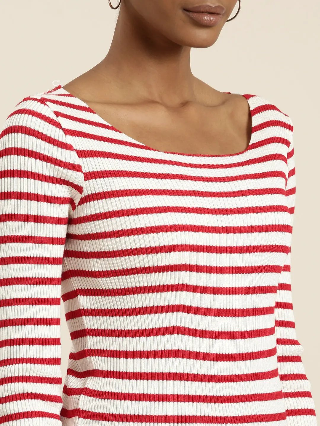 Women's Scoop Neck Striped Regular Sleeves Fitted White Top