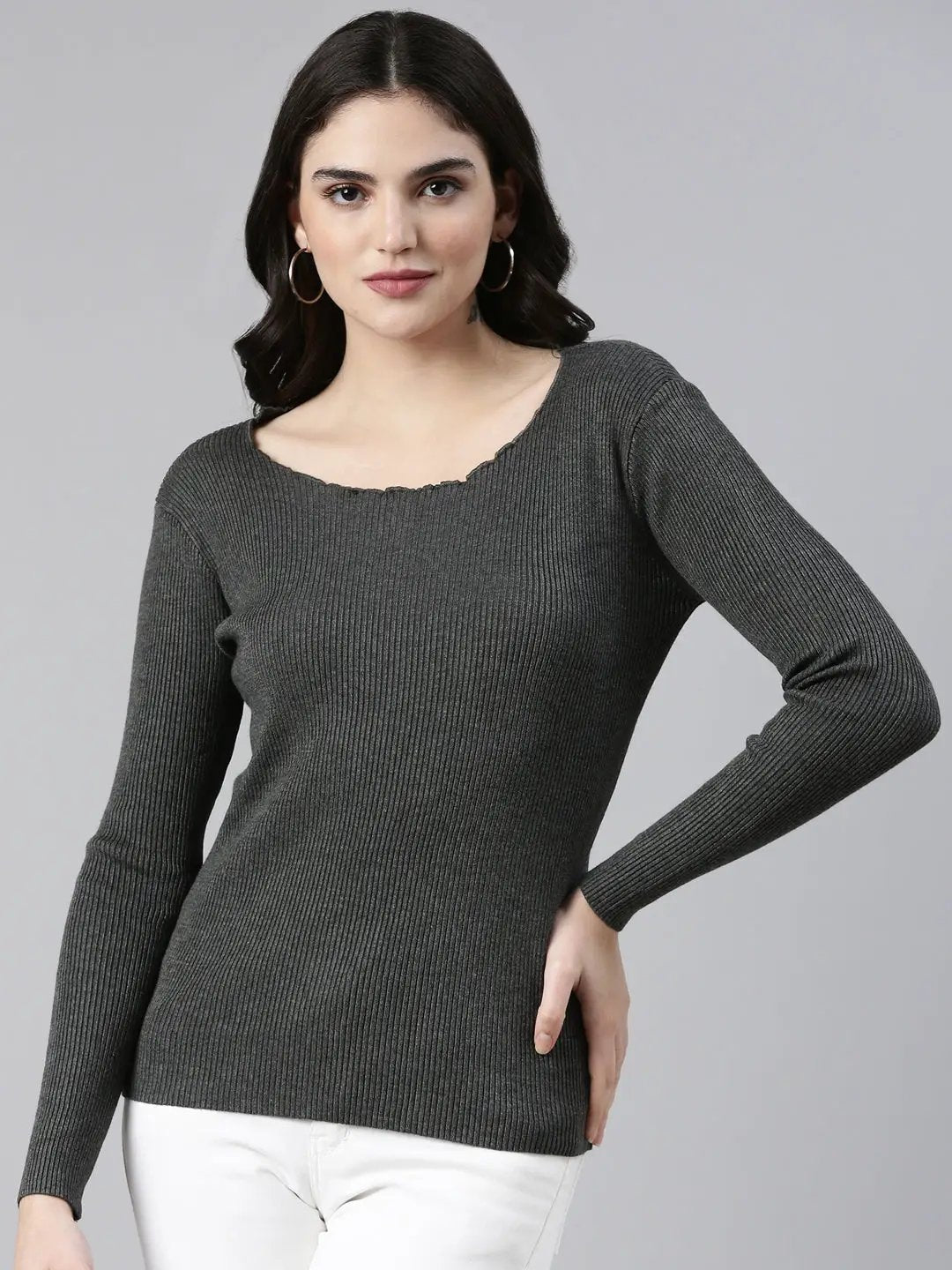 Women's Boat Neck Solid Regular Sleeves Fitted Grey Top