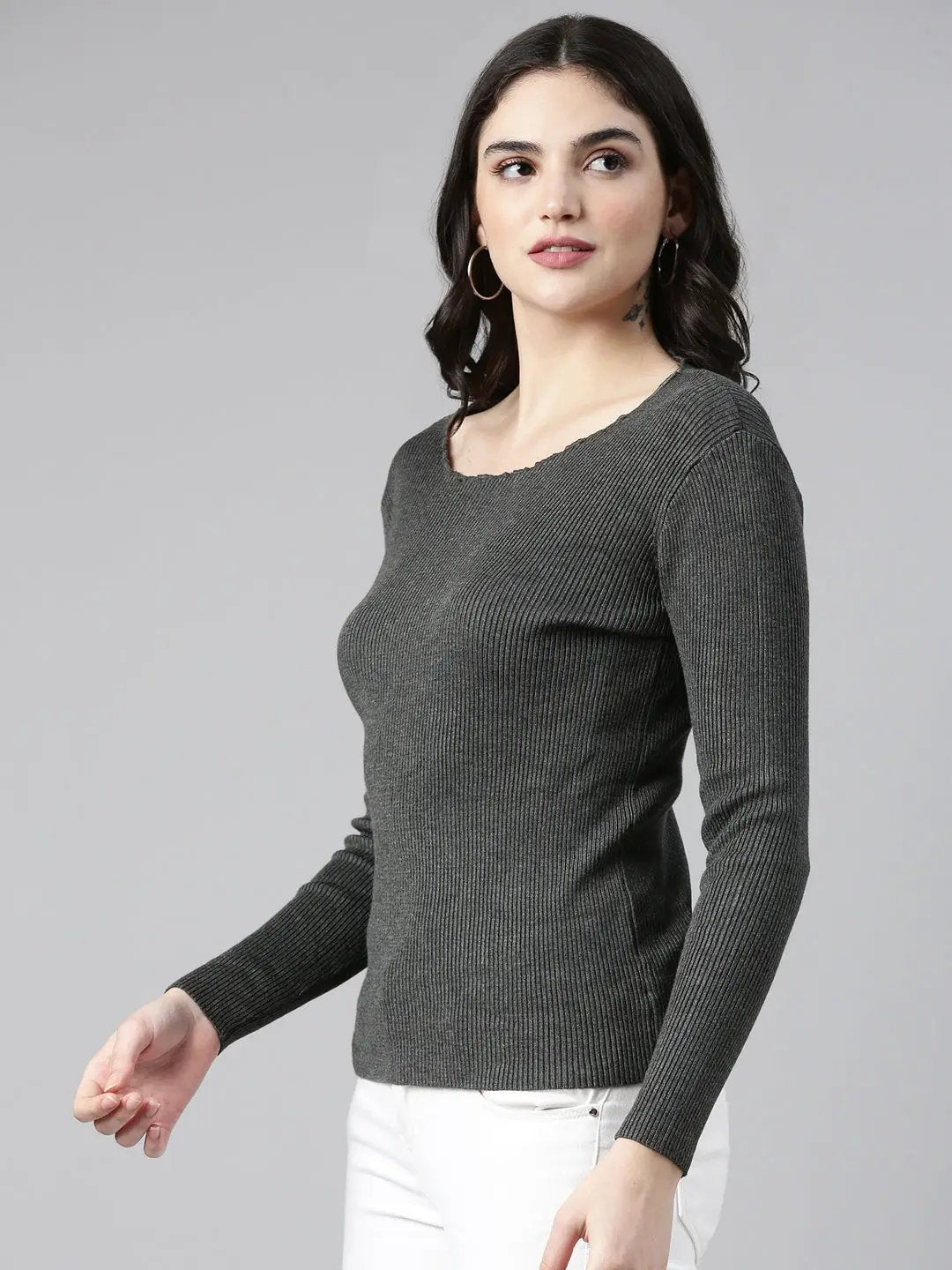 Women's Boat Neck Solid Regular Sleeves Fitted Grey Top