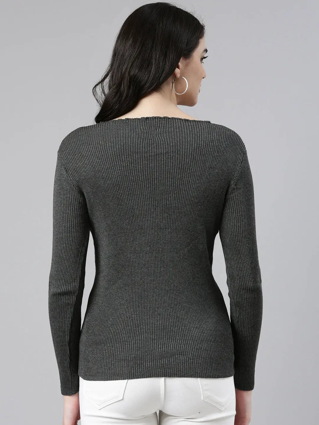 Women's Boat Neck Solid Regular Sleeves Fitted Grey Top