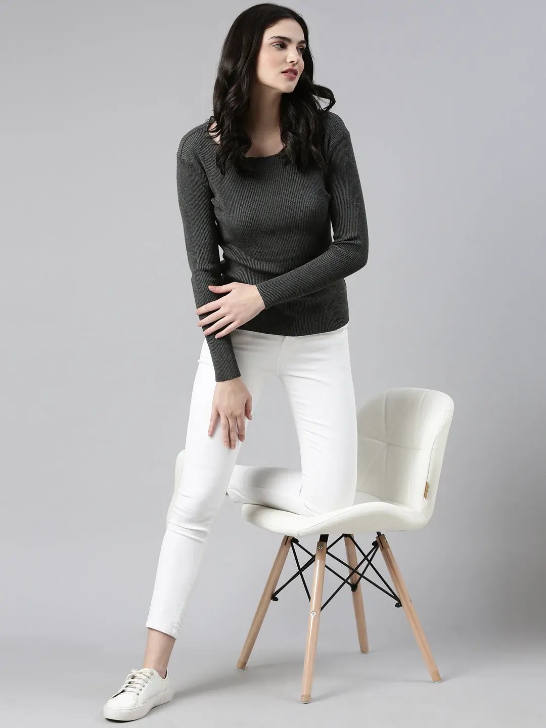 Women's Boat Neck Solid Regular Sleeves Fitted Grey Top