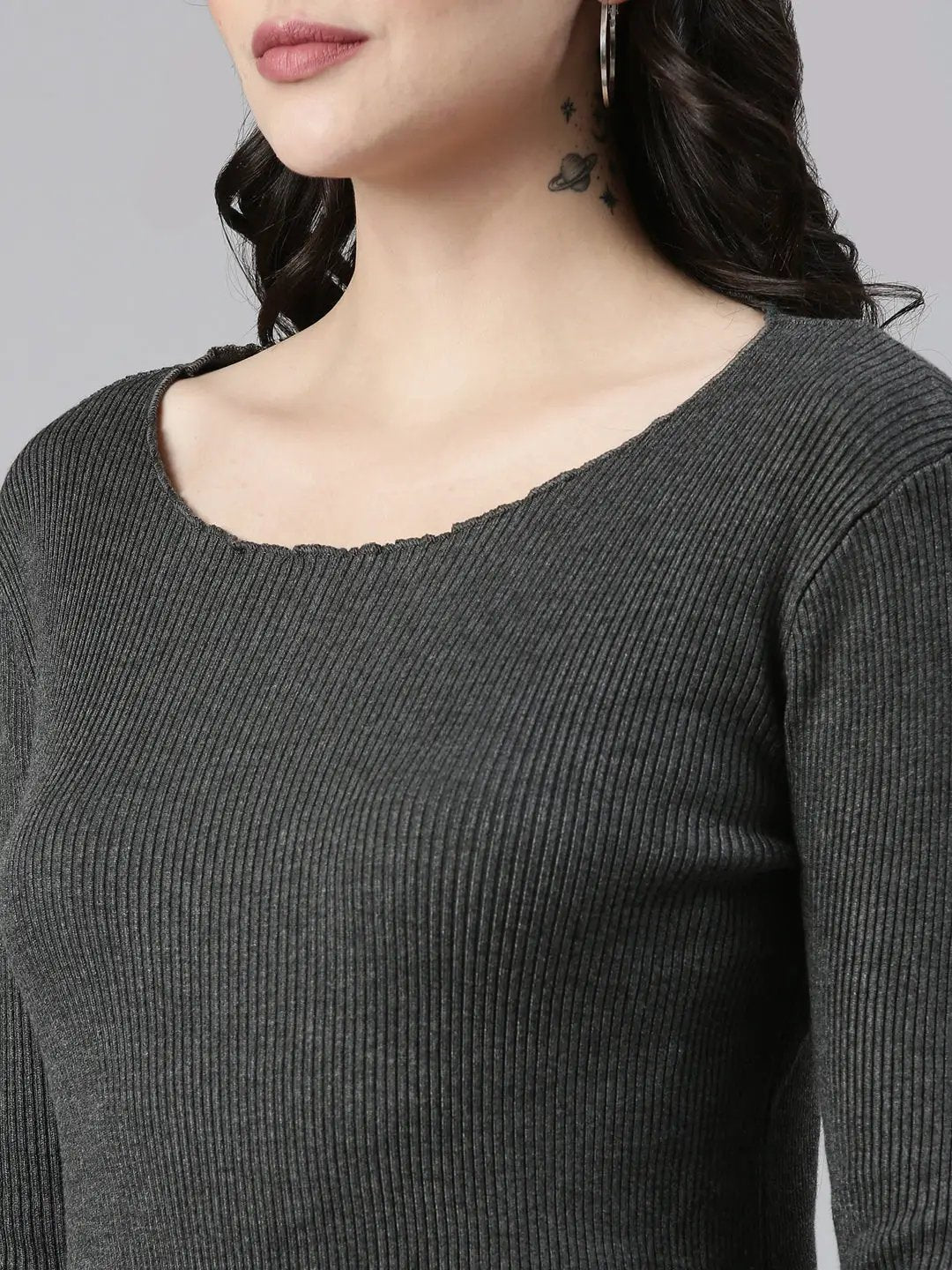 Women's Boat Neck Solid Regular Sleeves Fitted Grey Top