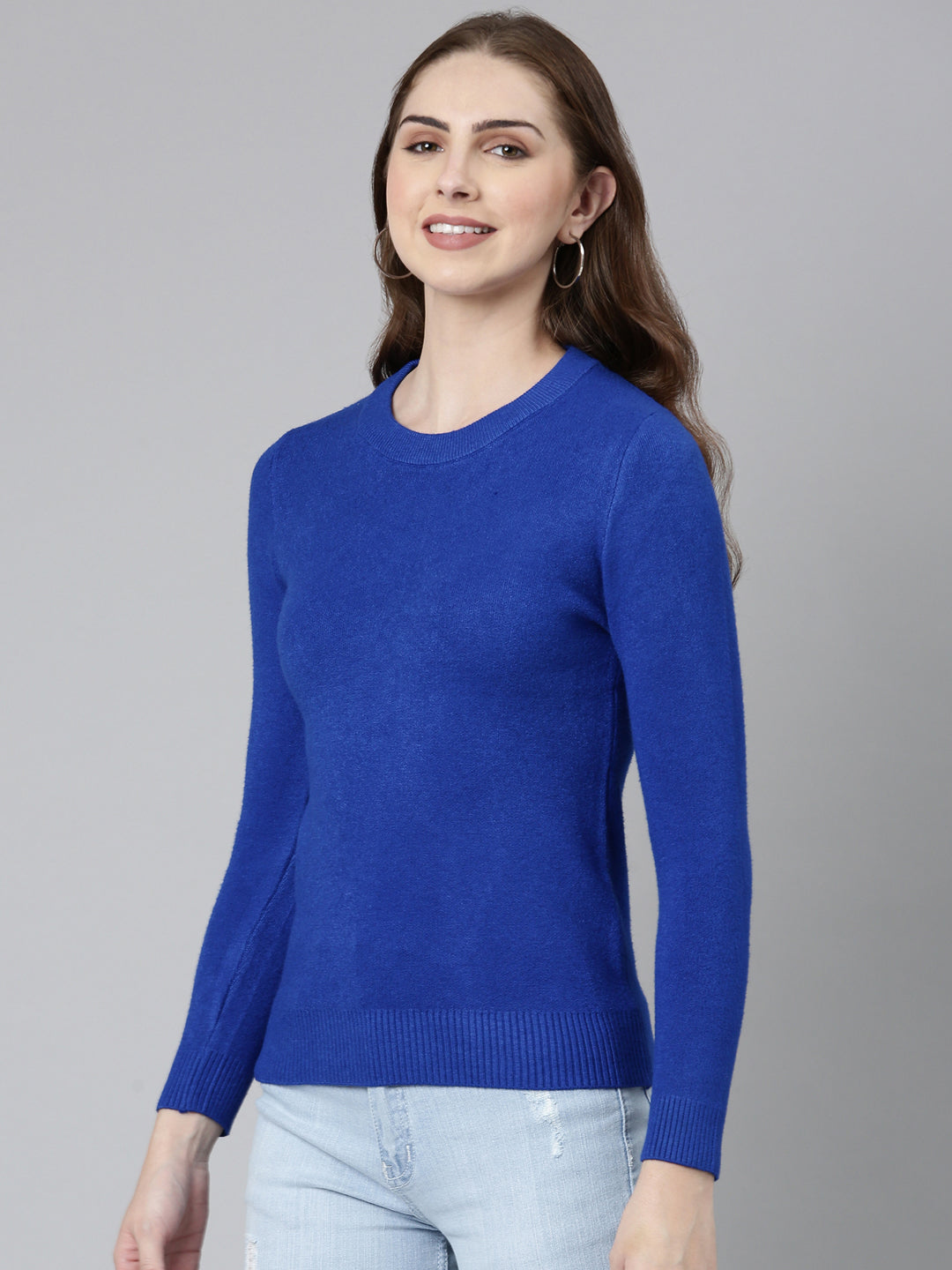 Women Round Neck Solid Regular Sleeves Fitted Blue Top