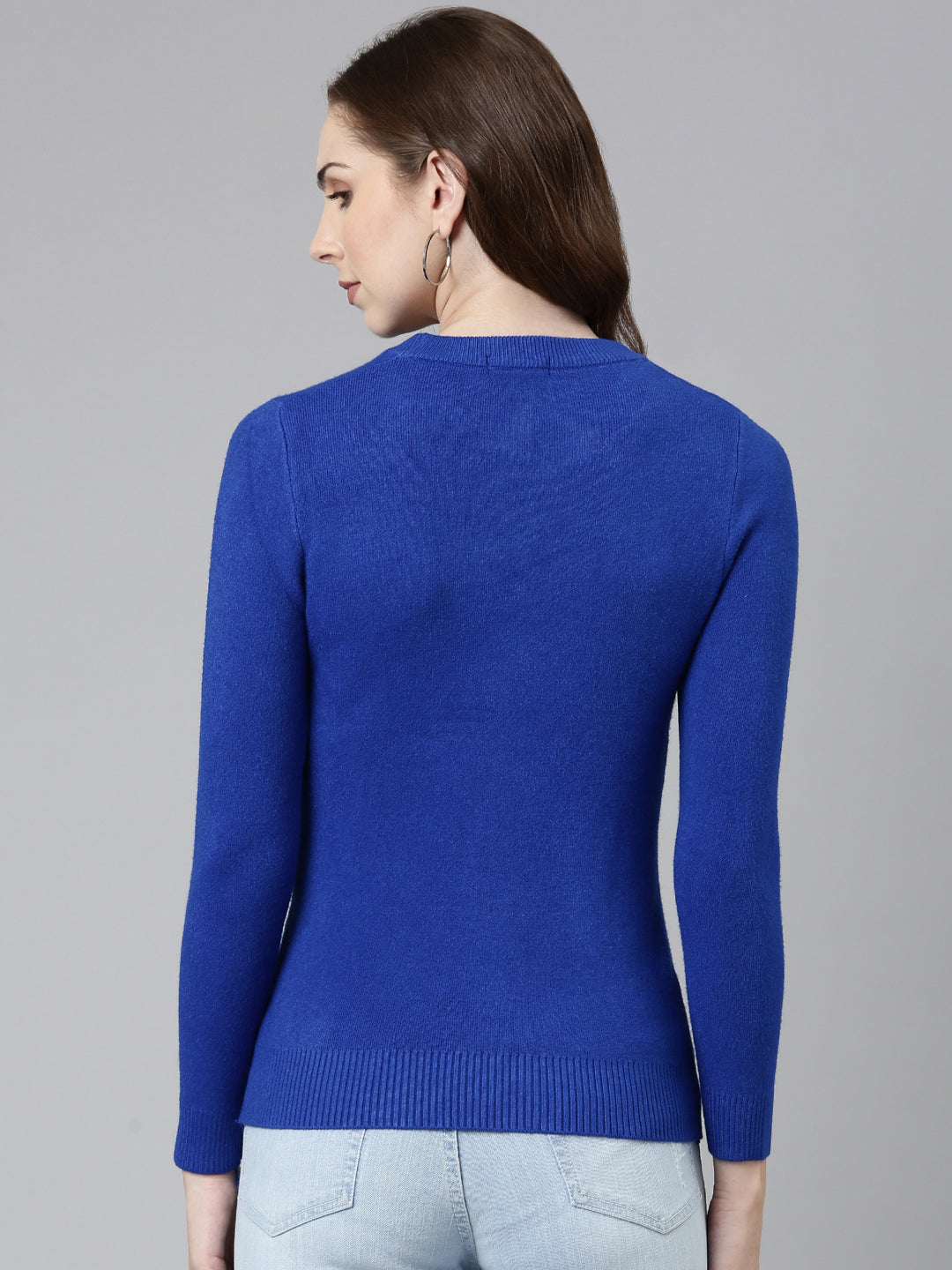 Women Round Neck Solid Regular Sleeves Fitted Blue Top