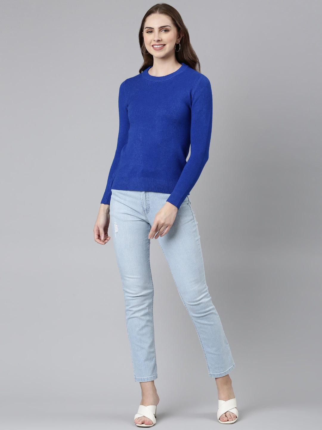 Women Round Neck Solid Regular Sleeves Fitted Blue Top