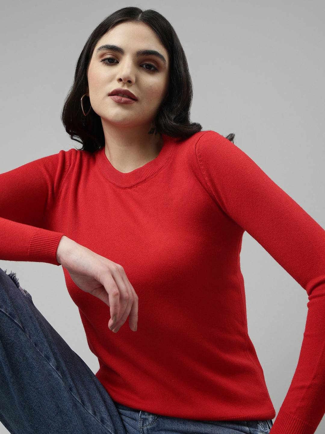 Round Neck Solid Regular Sleeves Fitted Red Top