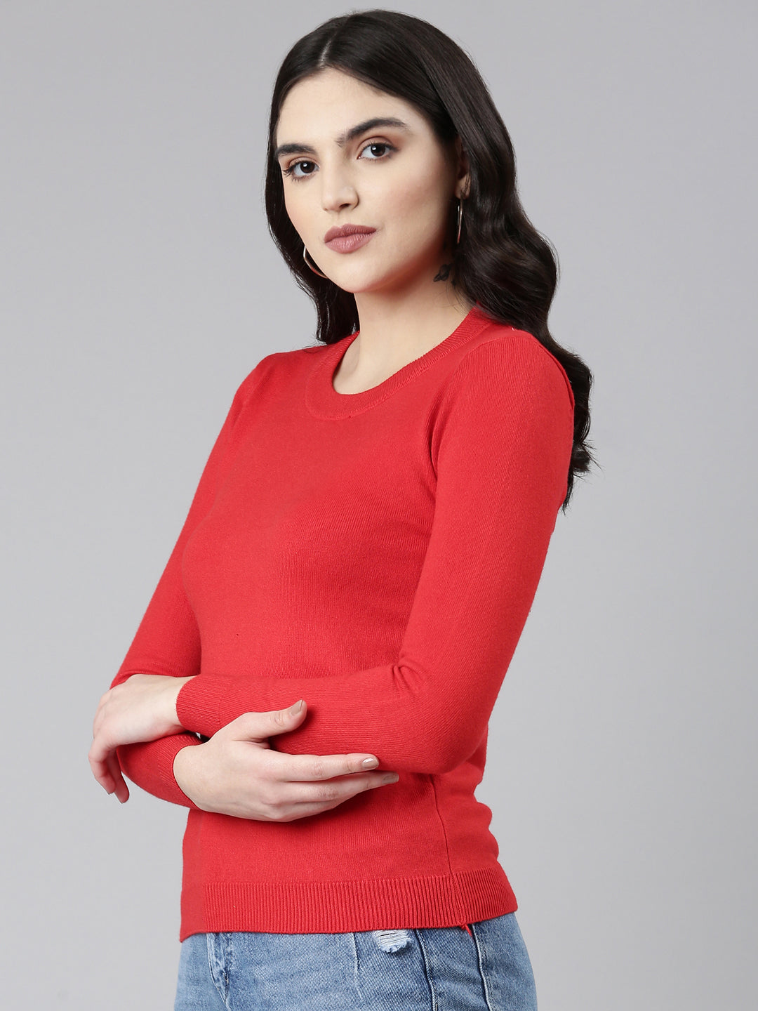 Round Neck Solid Regular Sleeves Fitted Red Top