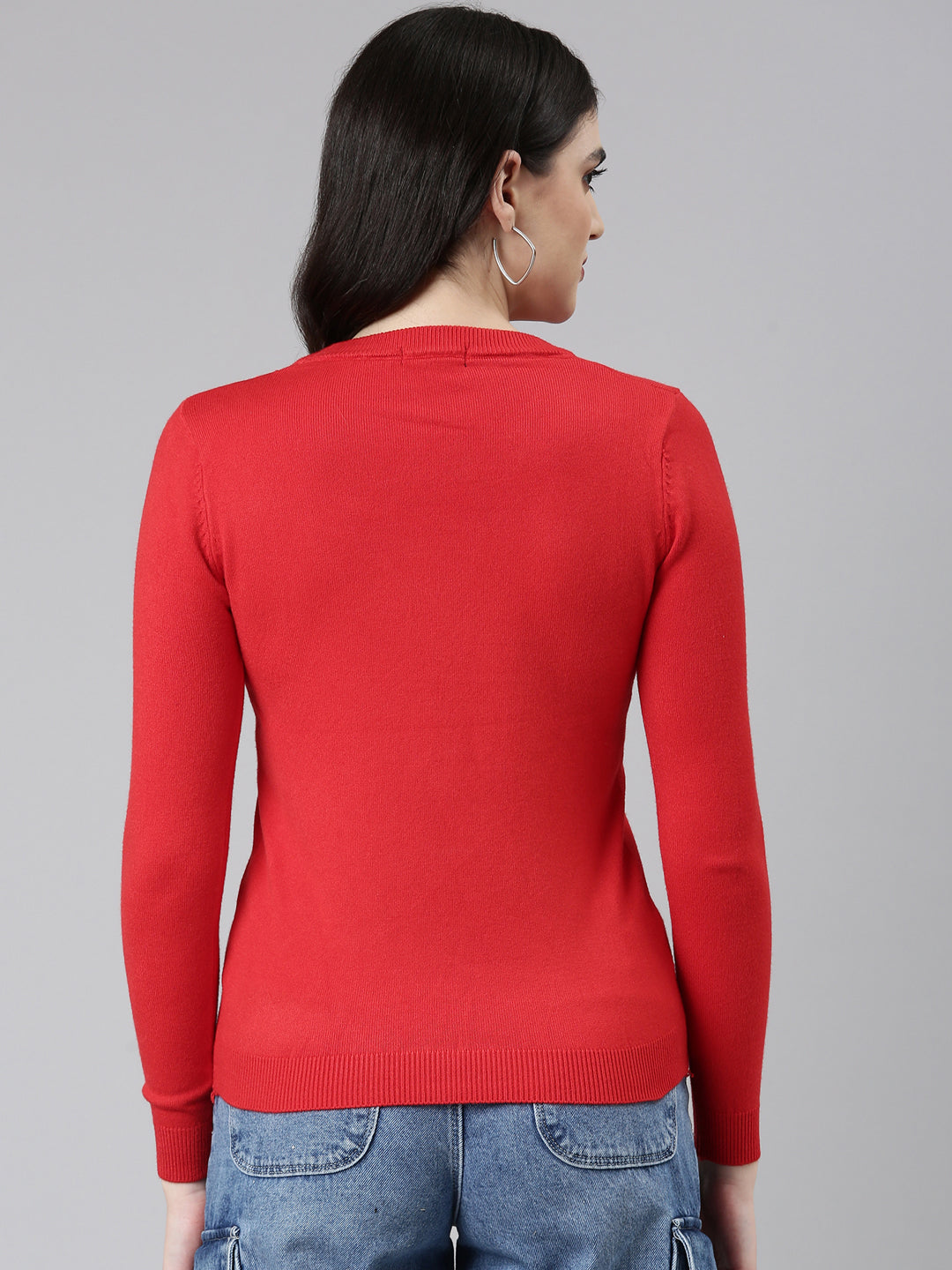 Round Neck Solid Regular Sleeves Fitted Red Top