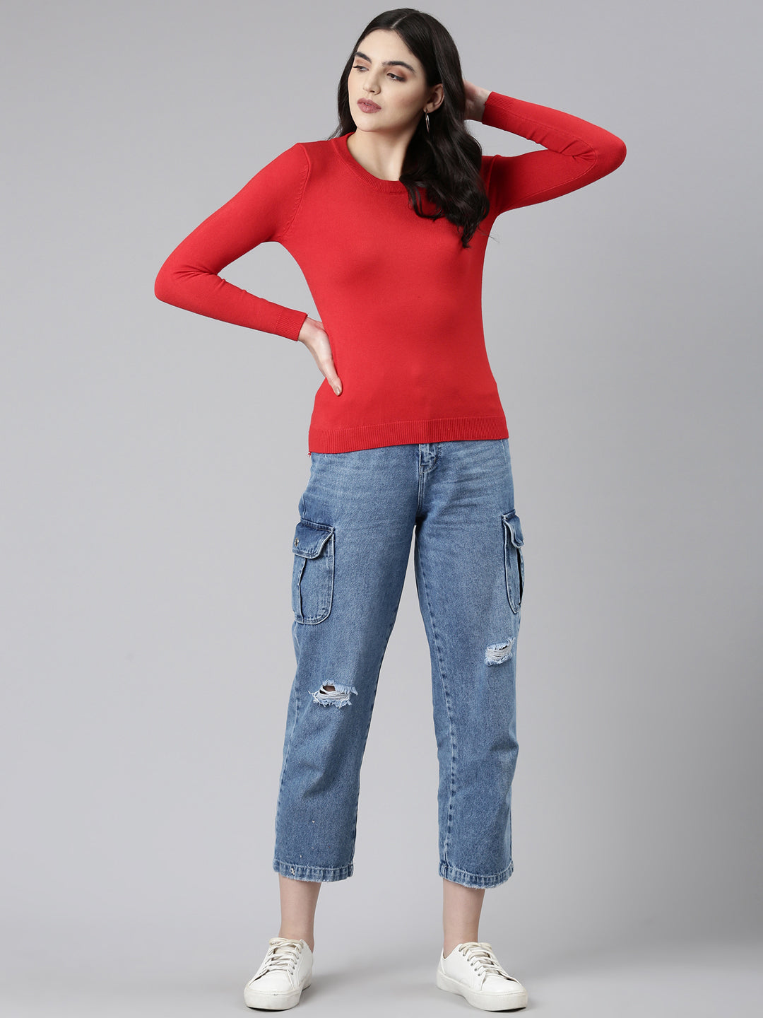 Round Neck Solid Regular Sleeves Fitted Red Top