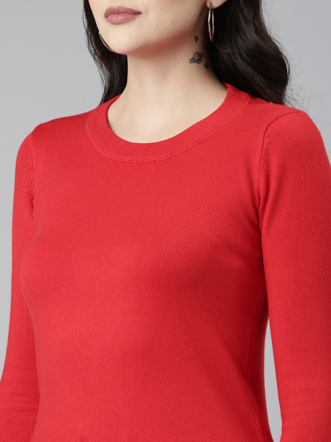 Round Neck Solid Regular Sleeves Fitted Red Top