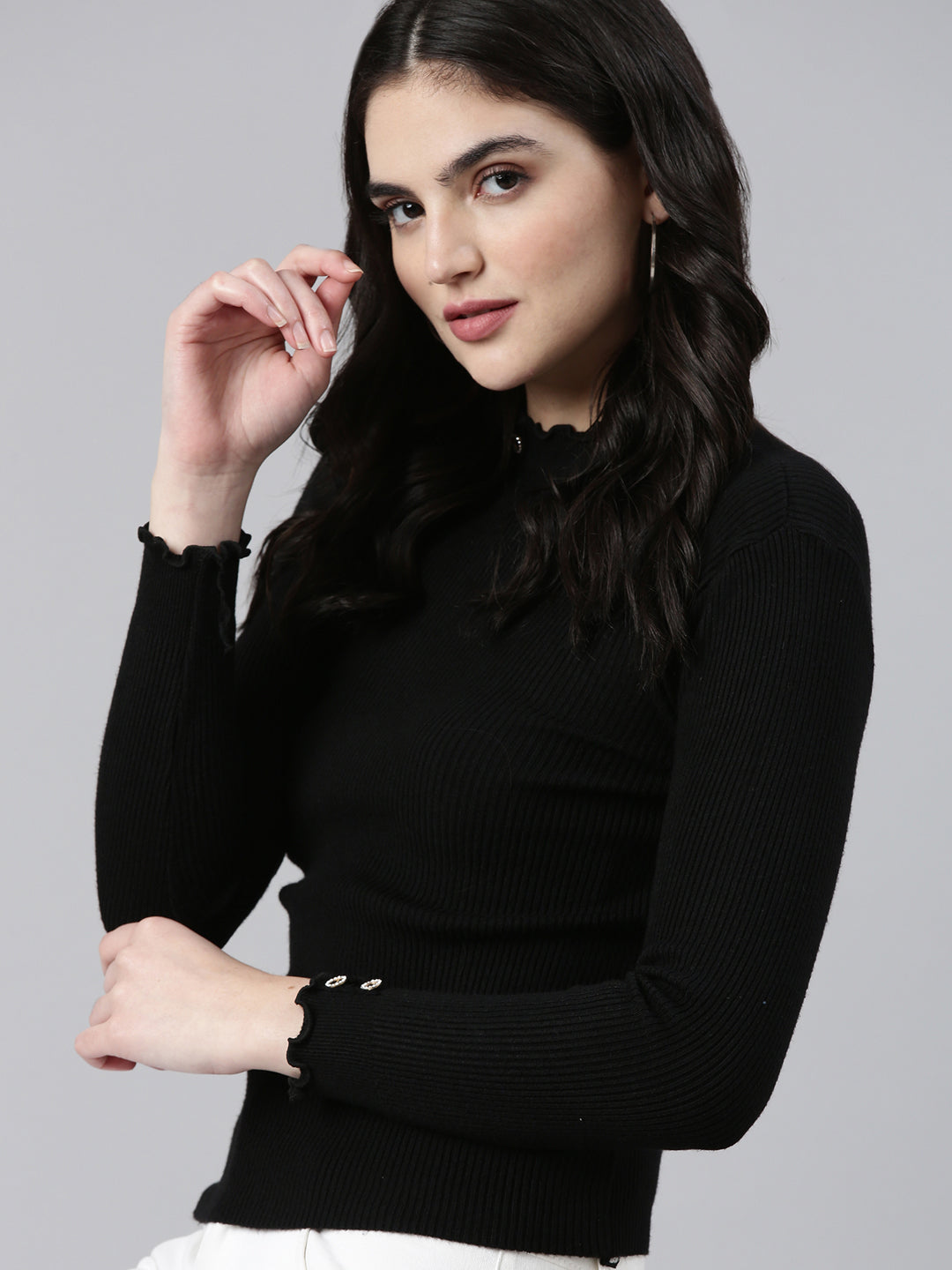 Women's High Neck Solid Regular Sleeves Fitted Black Top