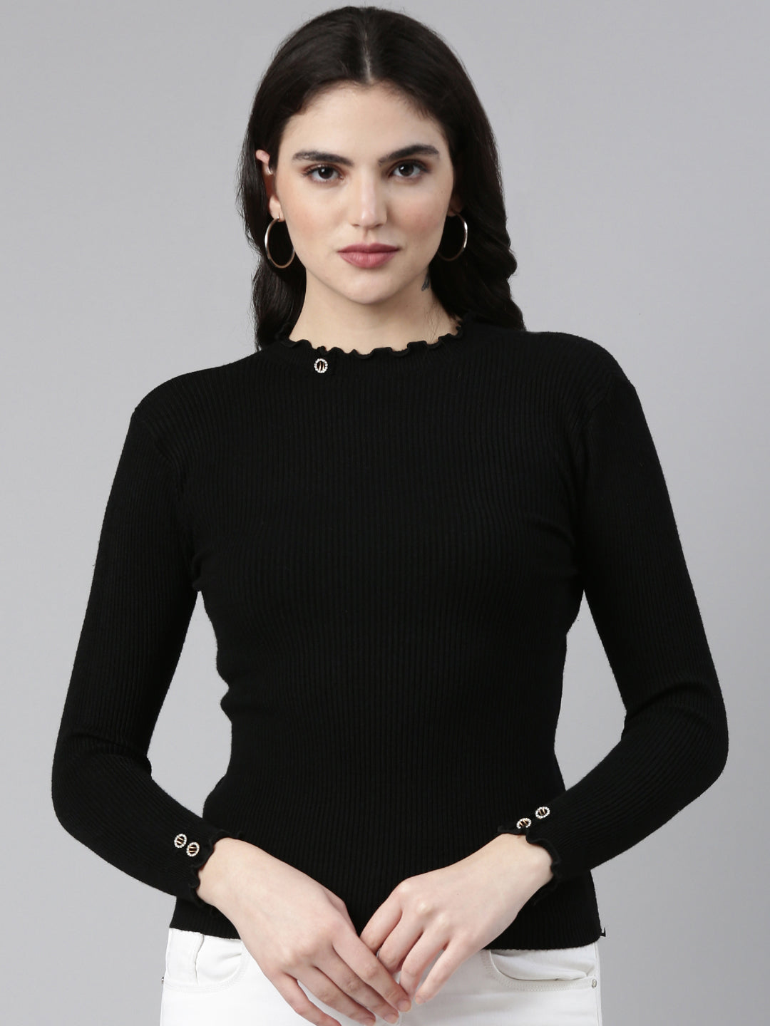 Women's High Neck Solid Regular Sleeves Fitted Black Top