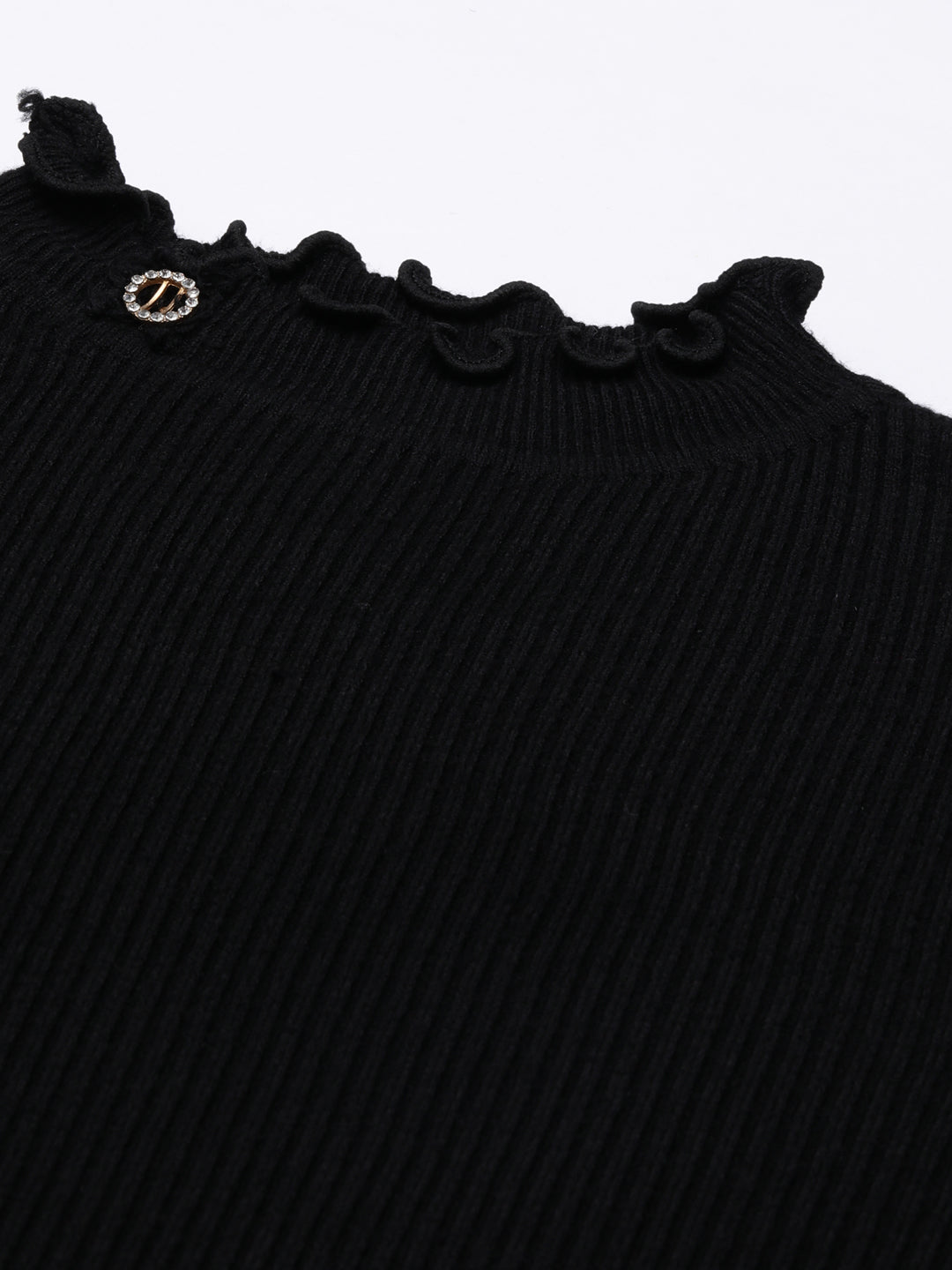 Women's High Neck Solid Regular Sleeves Fitted Black Top