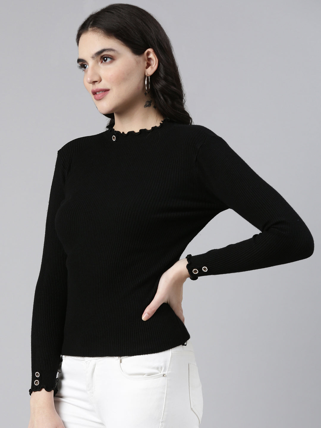Women's High Neck Solid Regular Sleeves Fitted Black Top