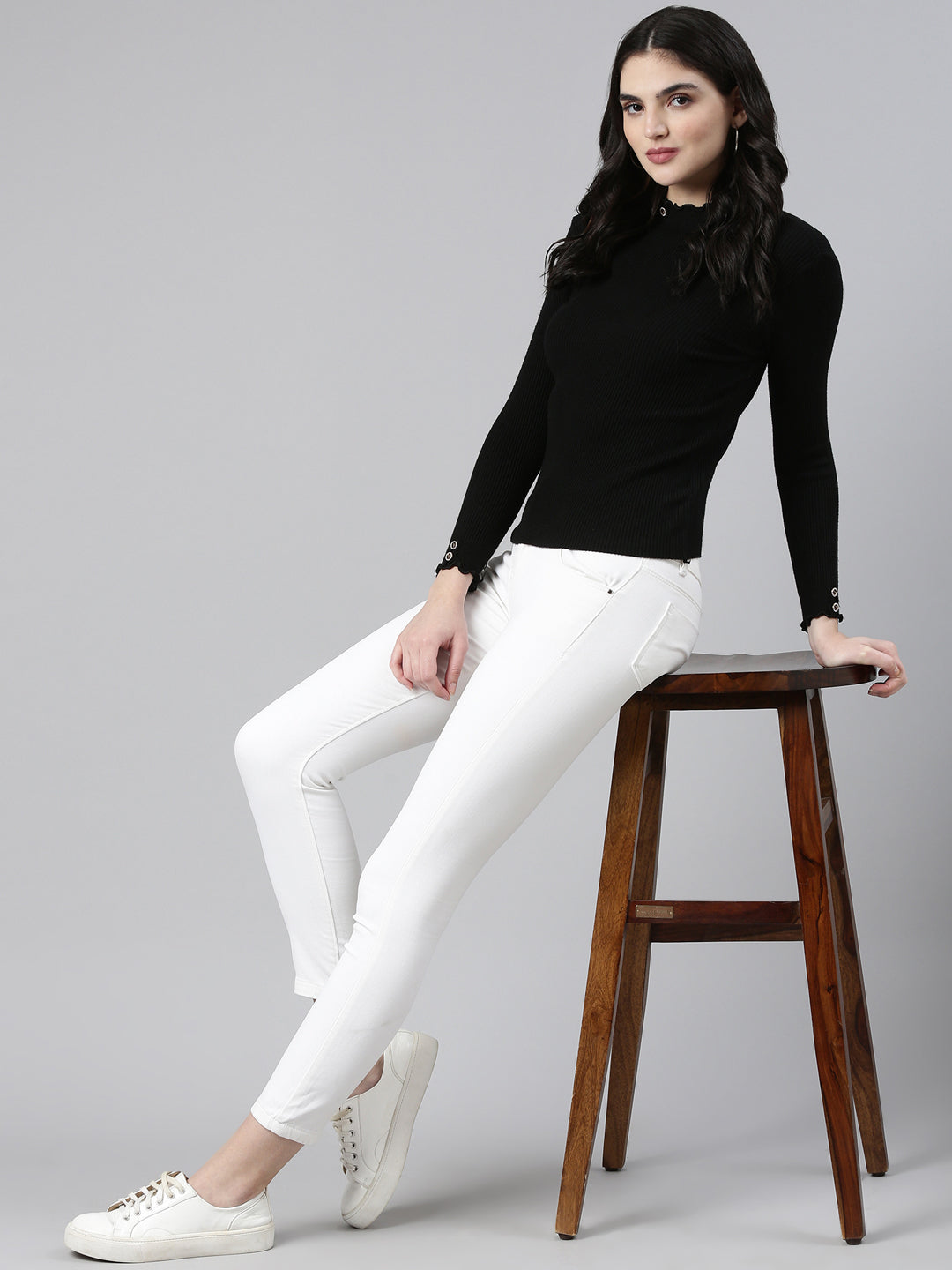 Women's High Neck Solid Regular Sleeves Fitted Black Top