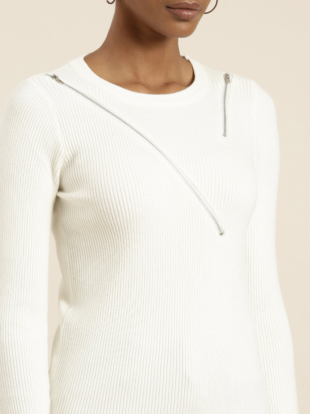 Women Round Neck Solid Regular Off White Top