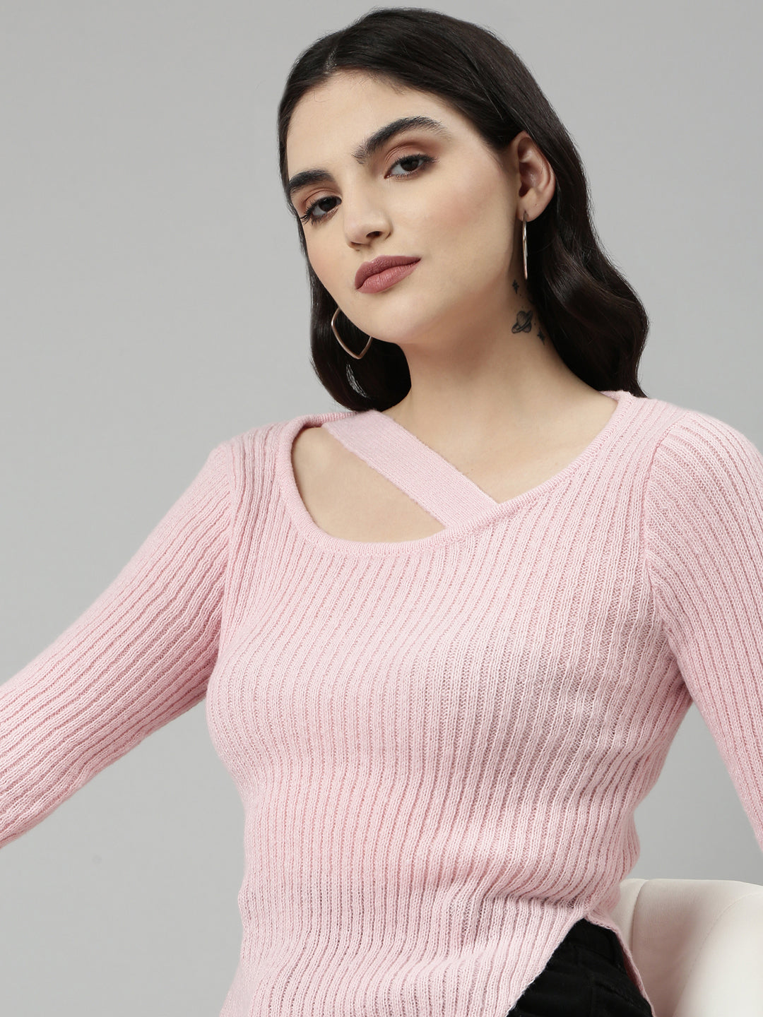 Women's Scoop Neck Solid Regular Sleeves Fitted Pink Top
