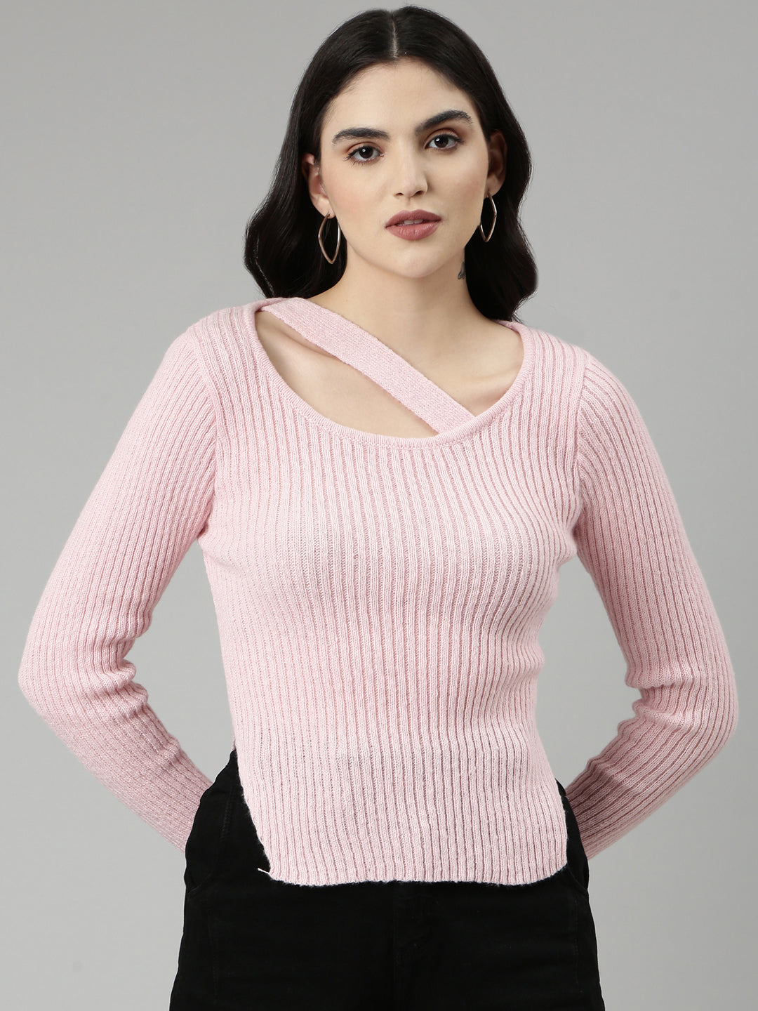 Women's Scoop Neck Solid Regular Sleeves Fitted Pink Top