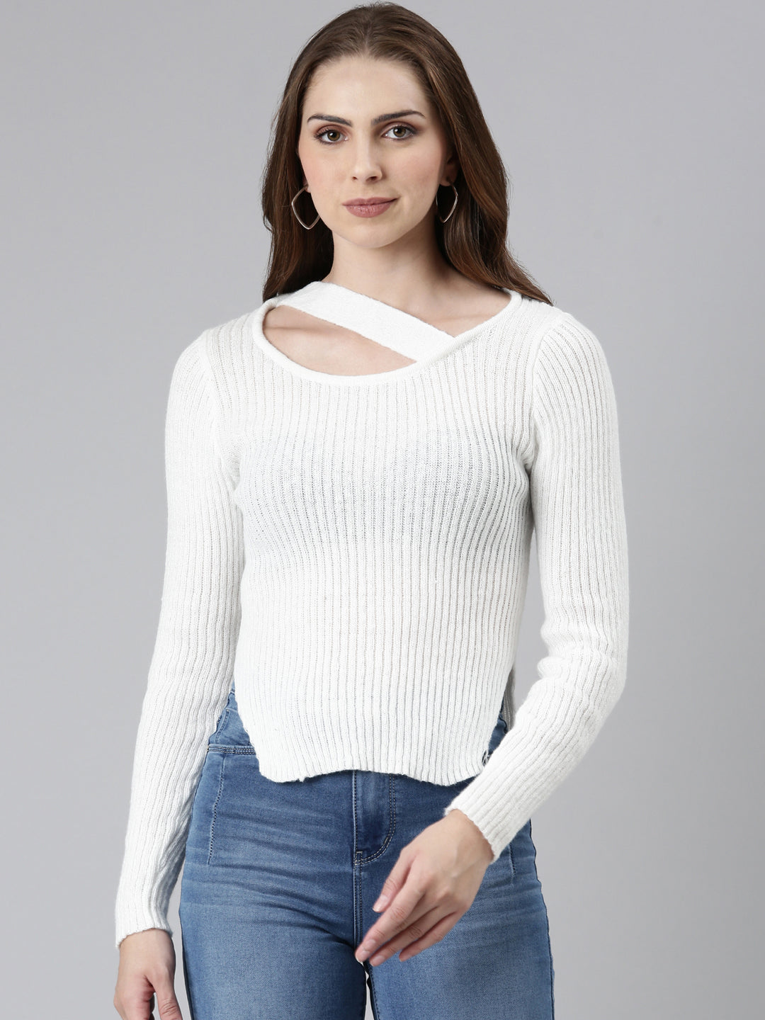 Women Scoop Neck Solid Regular Sleeves Fitted White Top