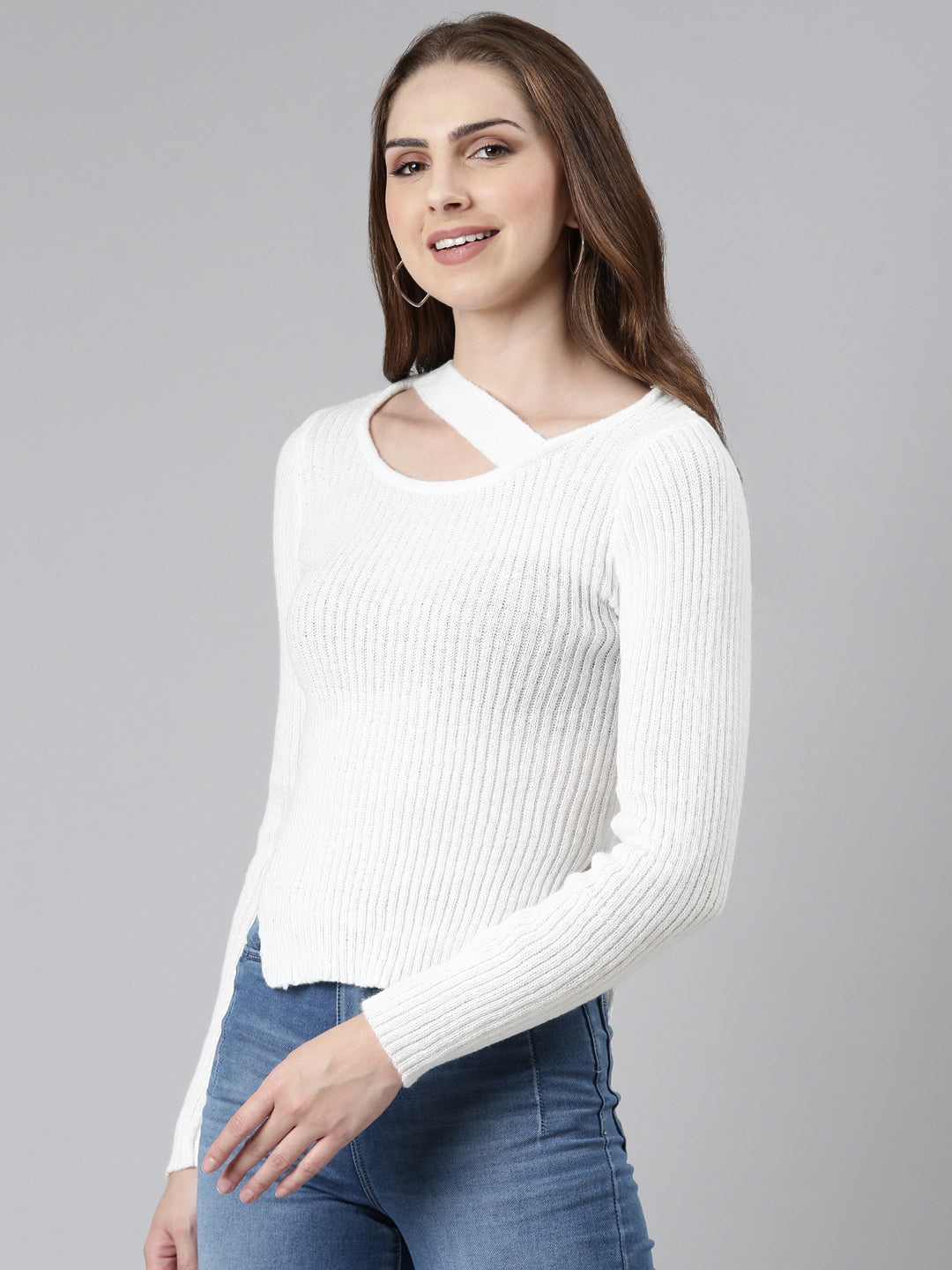 Women Scoop Neck Solid Regular Sleeves Fitted White Top