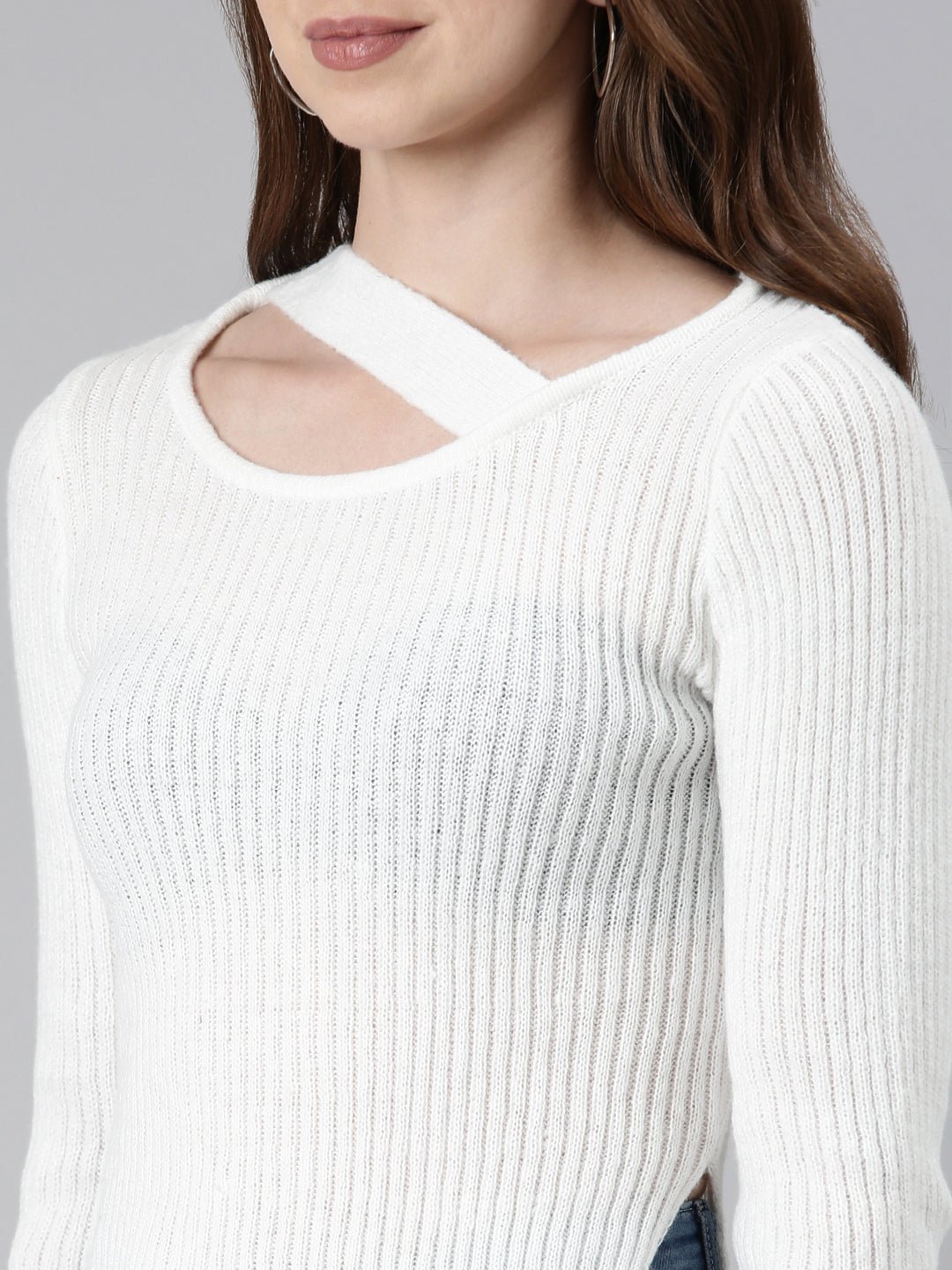 Women Scoop Neck Solid Regular Sleeves Fitted White Top