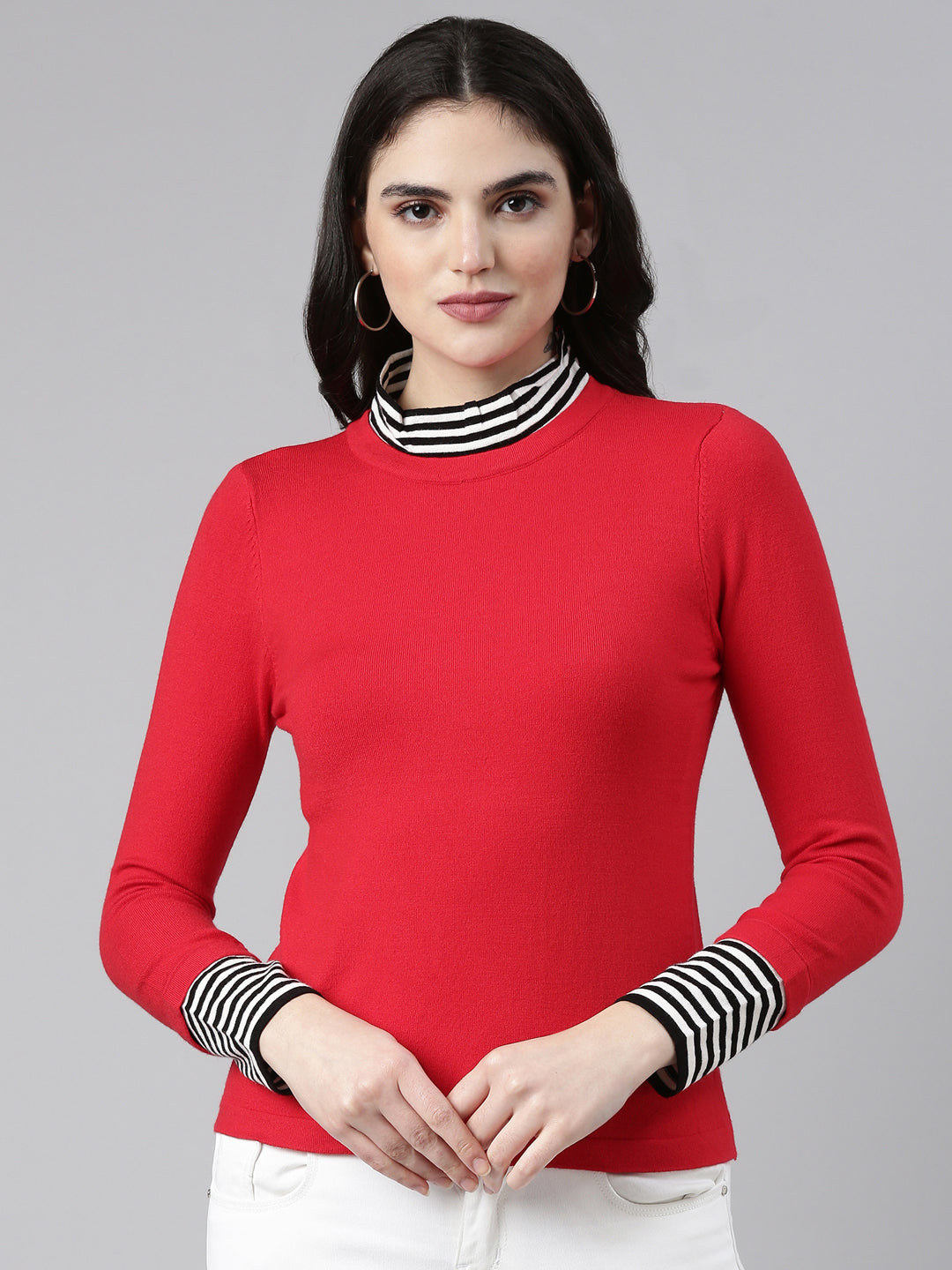 Women High Neck Solid Red Regular Top