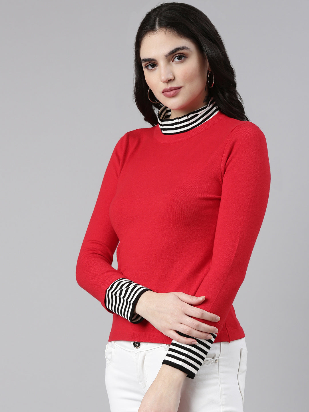 Women High Neck Solid Red Regular Top