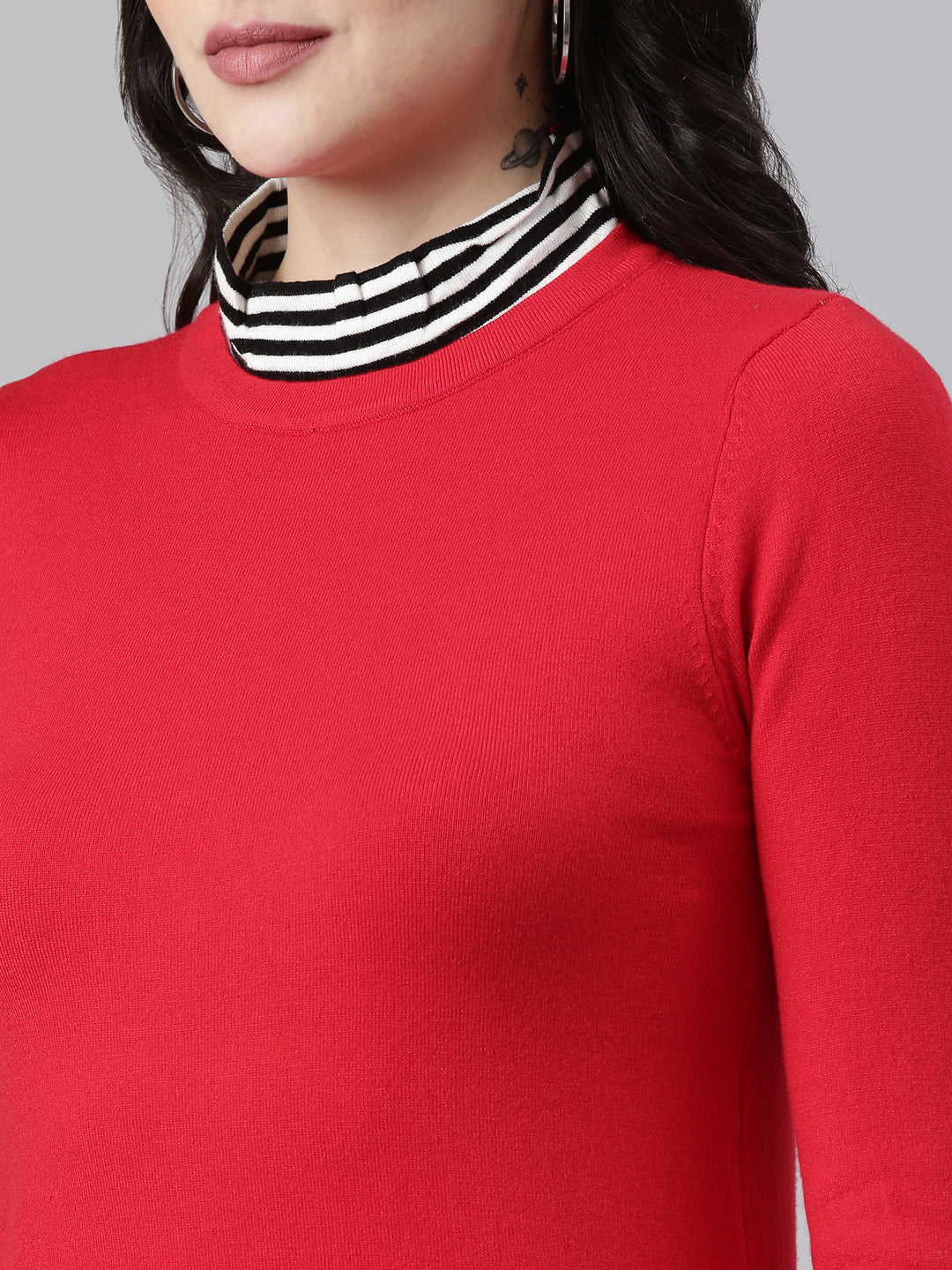 Women High Neck Solid Red Regular Top