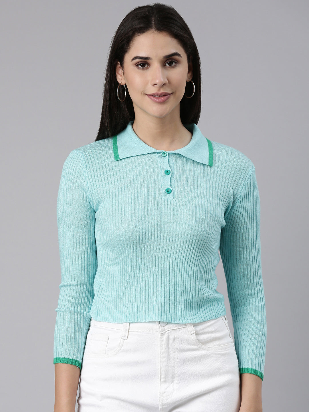 Women Above the Keyboard Collar Solid Regular Sleeves Fitted Turquoise Blue Regular Top