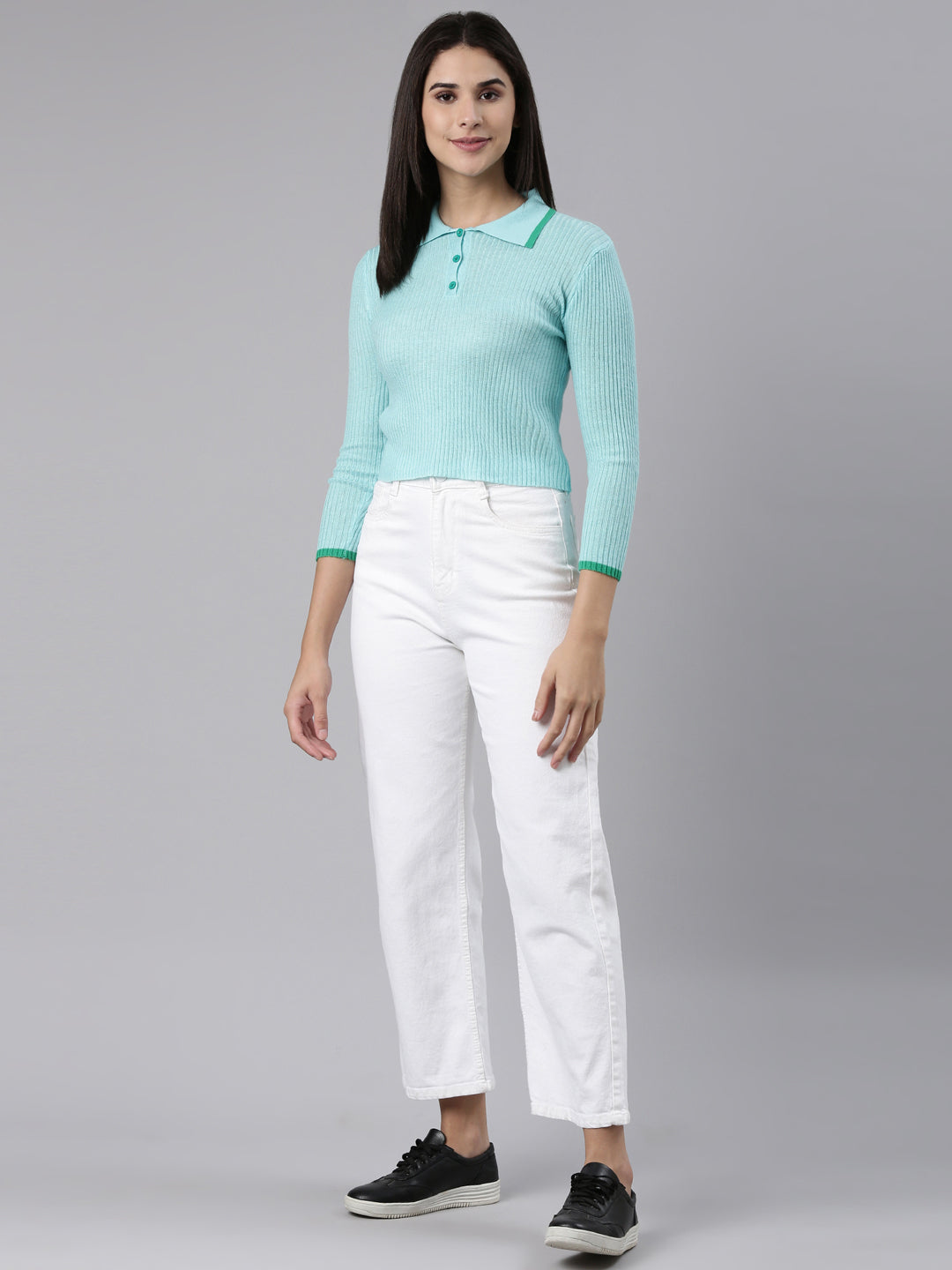 Women Above the Keyboard Collar Solid Regular Sleeves Fitted Turquoise Blue Regular Top