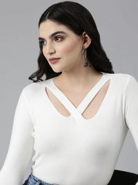 Women's V-Neck Solid White Fitted Regular Top
