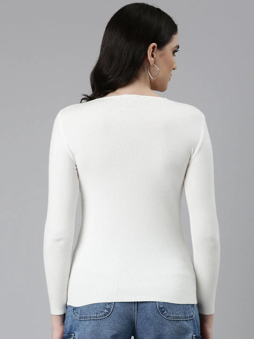 Women's V-Neck Solid White Fitted Regular Top