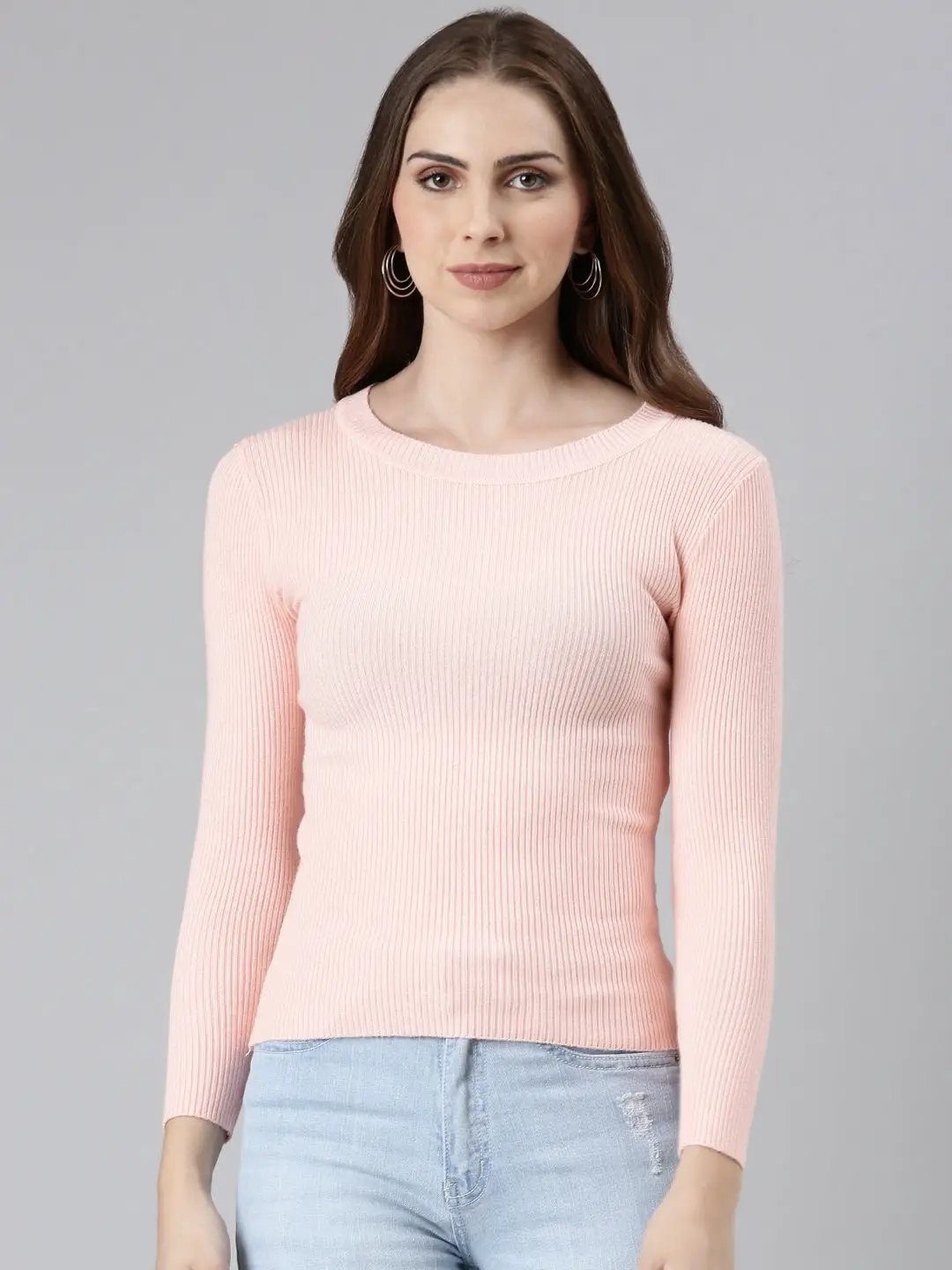 Women's Round Neck Solid Regular Peach Top