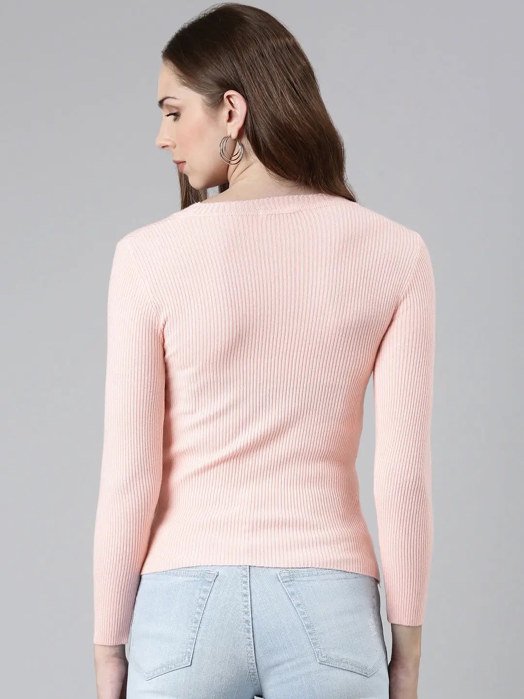 Women's Round Neck Solid Regular Peach Top