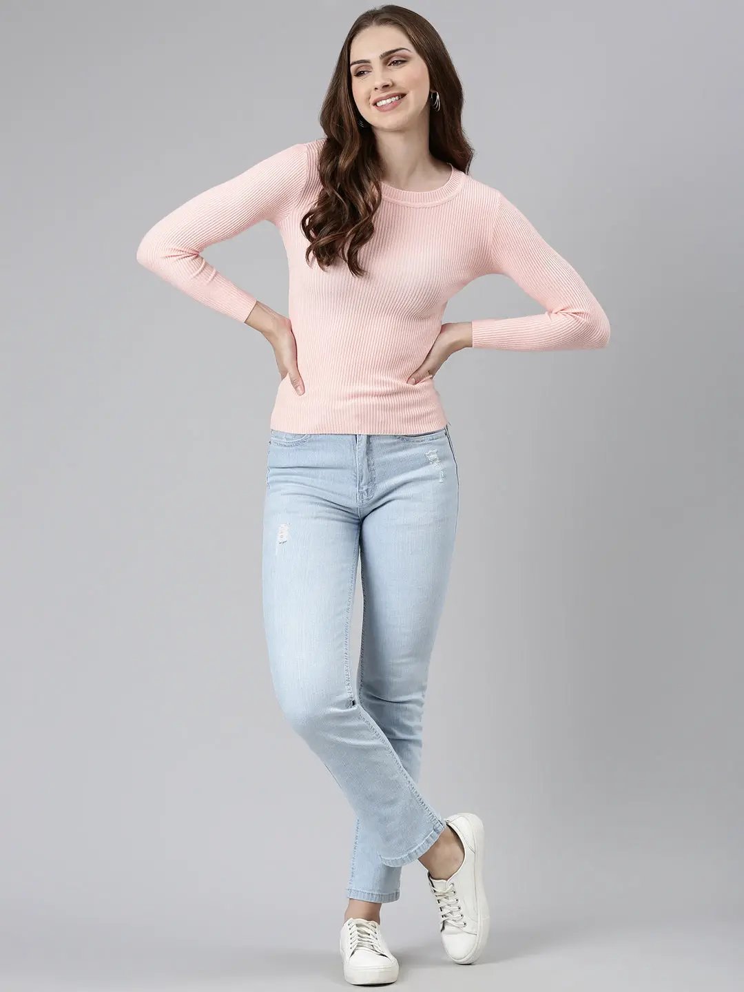 Women's Round Neck Solid Regular Peach Top